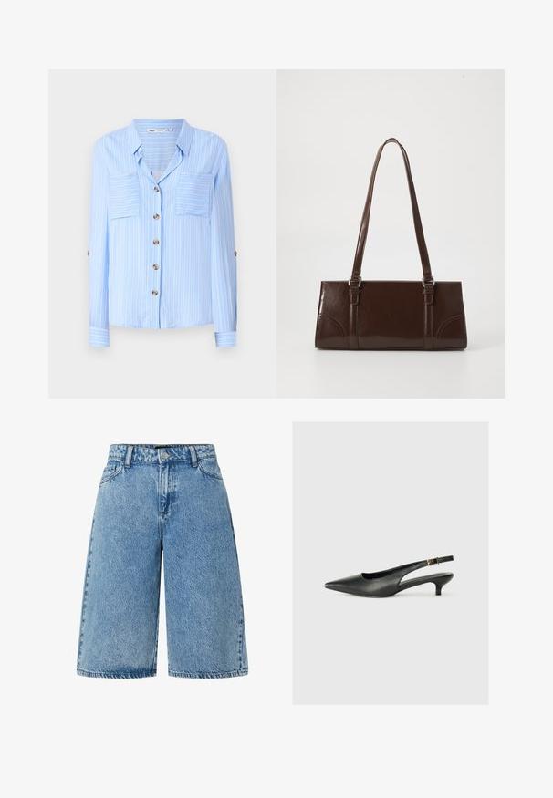 Lichtblauw overhemd met lange mouwen en verticale witte strepen, twee borstzakken en bruine knopen aan de voorkant. Zachte stof met een gladde textuur.; Lichtblauwe denim short met een wijde snit, standaard vijf-pocket stijl en een gestructureerde stof met een vervaagde afwerking.; Zwarte puntschoen met slingback van soepel leer. Kenmerkt zich door een dunne hak en een gespdetail op de verstelbare band.; Bruine lakleren handtas met een rechthoekige vorm, twee lange handvatten en subtiele gebogen accenten aan de voorkant.