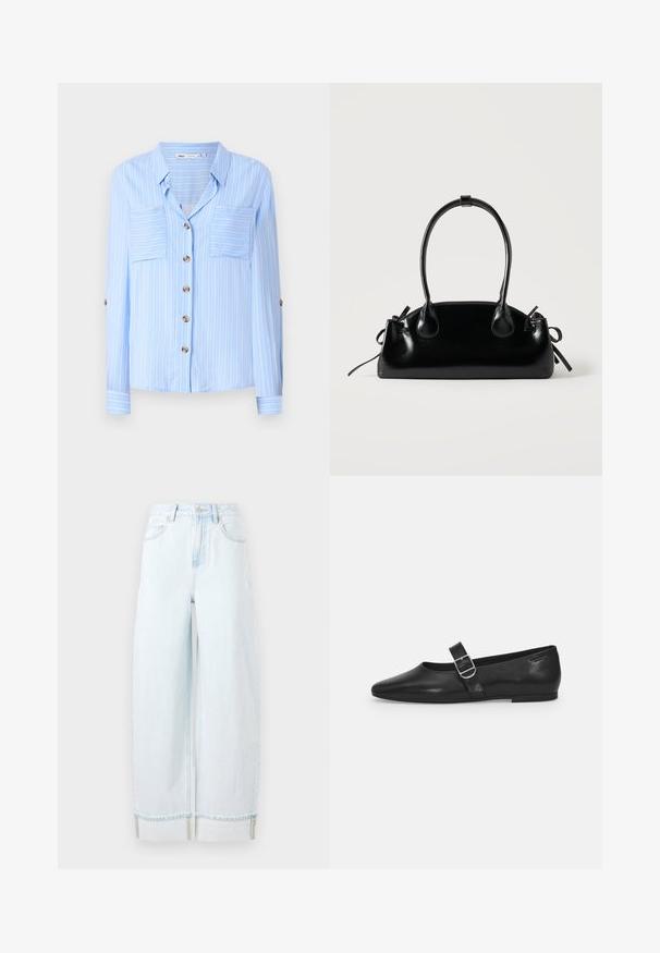 Hellblaues Langarmhemd mit vertikalen weißen Streifen, zwei Brusttaschen und braunen Knöpfen auf der Vorderseite. Weicher Stoff mit glatter Textur.; Helle blaue weit geschnittene Jeans aus Denim, mit hoher Taille, Fronttaschen und einem umgeschlagenen Saum mit sichtbaren Nähakzenten.; Schwarzer Lederflatschuh mit runder Zehenform, einem verstellbaren Schnallenriemen und einer glatten, glänzenden Oberfläche. Minimalistisches Design mit einem niedrigen Absatz.; Kleine schwarze glänzende Handtasche mit zwei langen Griffen und seitlichen Kordelzug-Details vor einfachem hellem Hintergrund.