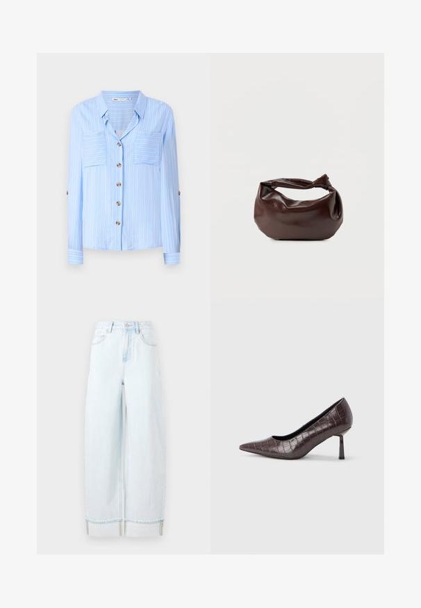 Hellblaues Langarmhemd mit vertikalen weißen Streifen, zwei Brusttaschen und braunen Knöpfen auf der Vorderseite. Weicher Stoff mit glatter Textur.; Helle blaue weit geschnittene Jeans aus Denim, mit hoher Taille, Fronttaschen und einem umgeschlagenen Saum mit sichtbaren Nähakzenten.; Braune Pumps mit spitz zulaufender Spitze aus Kunstleder in Krokodiloptik, mit schlankem, eckigem Absatz und glatter Innenfütterung.; Dunkelbraune Lederschultertasche mit weicher, lockerer Form und einem gedrehten Knotengriff vor schlichtem weißem Hintergrund.