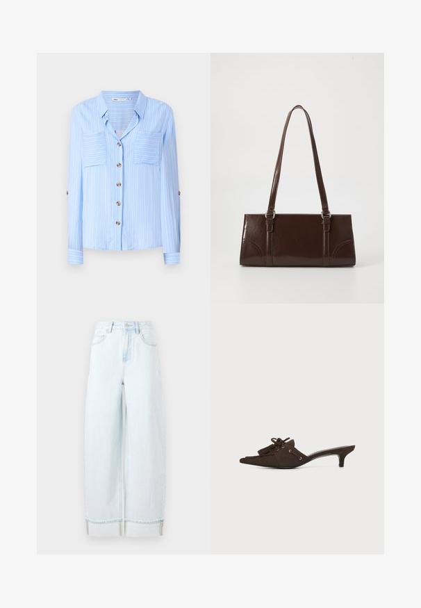 Camisa de manga larga azul claro con rayas verticales blancas, dos bolsillos en el pecho y botones marrones en la parte delantera. Tejido suave con una textura lisa.; Jeans de mezclilla de pierna ancha color azul claro, con cintura alta, bolsillos frontales y un dobladillo enrollado con costuras visibles.; Zueco puntiagudo de ante marrón oscuro con tacón bajo de tipo kitten, borlas decorativas y detalle de encaje sobre fondo blanco.; Bolso de mano de piel sintética marrón con forma rectangular, dos asas largas y sutiles acentos curvados en la parte delantera.