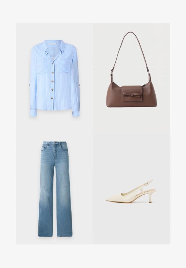 Lys blå langærmet skjorte med lodrette hvide striber, to brystlommer og brune knapper ned foran. Blødt stof med en glat tekstur.; Lyseblå højtaljede jeans med lige ben. Fremstillet af denim, med fem lommer og knaplukning.; Beige slingback hæle lavet af glat læder. Med spids tå, udskæringsdesign og en lav cylindrisk hæl for stabilitet.; Brun skuldertaske i læder med en frontlomme med klap, der har en sydd sløjfedetalje, og en justerbar rem.