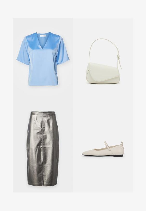 Lys blå satinbluse med V-hals, korte ærmer og en glat tekstur, der har en afslappet pasform og minimale sy-detaljer.; Metallic sølv blyantskirt i et glat, skinnende materiale. Har høj talje, slids bagpå og detaljer med midtersøm.; Hvide ballerinasko i læder med spids tå, ankelsnor og lav sort hæl. Glat tekstur med minimale detaljer.; Hvid taske i faux læder med en struktureret trekantet form, enkelt justerbart skulderstrop og en flaplås med kurver.