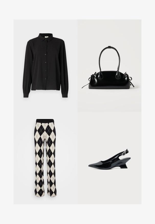 Chemise noire à manches longues en tissu doux avec un col, fermeture à boutons et poignets froncés. Design simple sans motifs ni accents.; Pantalon en maille à motif argyle noir et blanc avec des jambes évasées et une taille élastique, présentant une texture douce et des formes de losanges.; Chaussure slingback en cuir verni noir avec bout pointu et petit talon bloc incliné sur fond clair uni.; Petit sac à main noir brillant avec deux longues anses et des détails à cordon sur les côtés sur un fond clair uni.
