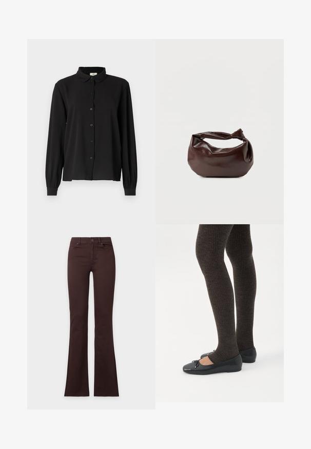 Sort langærmet skjorte i blødt stof med krave, knaplukning og pufærmer. Simpelt design uden mønstre eller detaljer.; Mørkebrune bootcut-jeans med knap og lynlåslukning, for- og baglommer, vist fladt på en ensfarvet hvid baggrund.; Ben iført mørke ribbede leggings kombineret med sorte balletsko med små sløjfedetaljer på hvid baggrund.; Mørkebrun læder skuldertaske med en blød, afslappet form og et snoet knudehåndtag på en ensartet hvid baggrund.