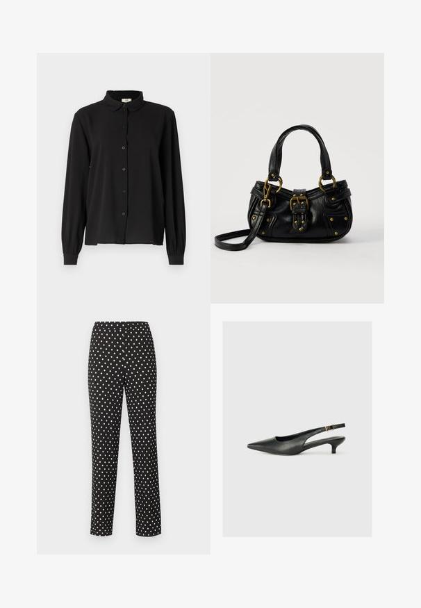 Chemise noire à manches longues en tissu doux avec un col, fermeture à boutons et poignets froncés. Design simple sans motifs ni accents.; Pantalon noir à jambes droites avec des pois blancs, taille élastique, sans poches ni fermetures visibles, présenté sur un fond uni.; Chaussure slingback noire à bout pointu en cuir lisse. Présente un talon fin et un détail de boucle sur la sangle réglable.; Sac à main en cuir noir avec boucle dorée et détails à rivets, poignées courtes et bandoulière réglable sur fond blanc uni.