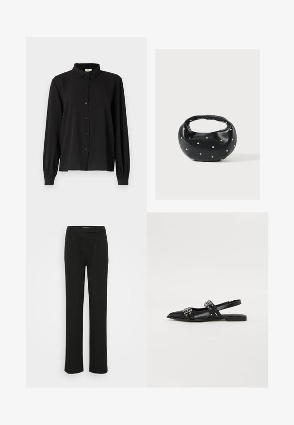 Camisa negra de manga larga en tejido suave con cuello, cierre de botones y puños fruncidos. Diseño simple sin patrones ni acentos.; Pantalones negros ajustados con una textura suave, diseño de pierna recta y cierre de botón frontal. Presenta pliegues y bolsillos laterales.; Even&Odd by Zalando Bailarinas con tira trasera - black; Bolso de mano de cuero negro con forma redondeada, decorado con detalles de tachuelas plateadas y un asa corta. Textura lisa y cierre con cremallera.