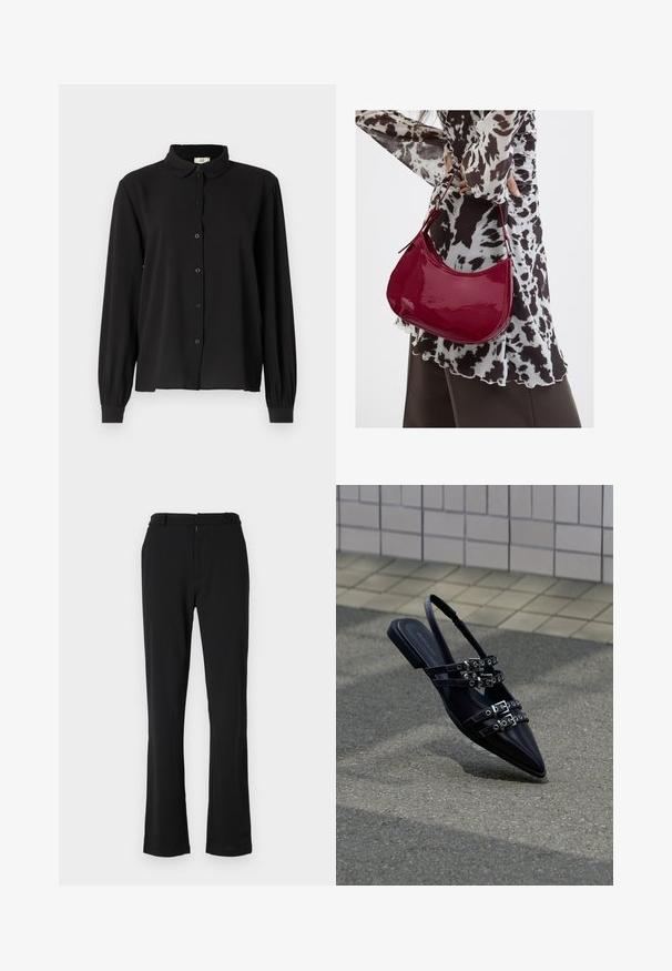 Chemise noire à manches longues en tissu doux avec un col, fermeture à boutons et poignets froncés. Design simple sans motifs ni accents.; Pantalons évasés noirs avec une texture lisse, présentant un devant plat, des passants de ceinture et une fermeture éclair. Conçus pour un ajustement ajusté.; Sandale plate noire à bout pointu avec plusieurs sangles à boucle et un talon arrière, positionnée au-dessus d'une surface pavée et d'un mur carrelé en arrière-plan.; Femme portant un chemisier à motif noir et blanc tenant un sac à main rouge brillant sur un fond uni.