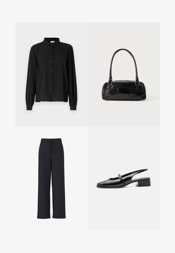 Camisa negra de manga larga en tejido suave con cuello, cierre de botones y puños fruncidos. Diseño simple sin patrones ni acentos.; Pantalones de pierna ancha de color gris oscuro con tela texturizada, con una cintura elástica y cordón ajustable para un ajuste cómodo.; Zapato slingback de charol negro con tacón bajo y grueso y una fina correa con hebilla de plata en la parte superior.; Bolso de mano de cuero negro con forma rectangular, equipado con un asa estructurada, herrajes en plata y cierre de cremallera. Textura suave.