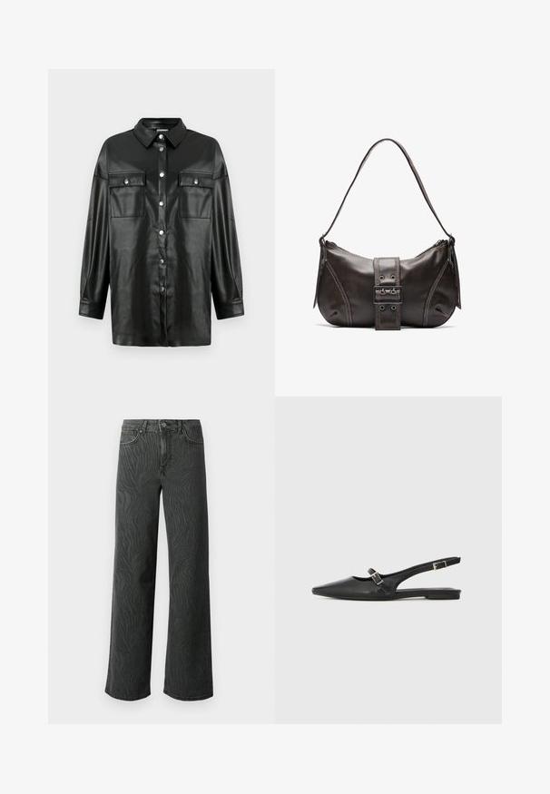 Sort faux læder skjorte med lange ærmer, knaplukning foran, to brystlommer og klassisk krave. Glat tekstur og afslappet fit design.; Bredde ben jeans i mørkegrå denim med en subtil zebra-mønster tekstur, kontrastsyninger og fem lomme design med en knap zip.; Sorte læder slingback-sko med spids tå, med en smal rem og en sølvspænde-detalje på siden. Flad sål.; Brun læder skuldertaske med en buet form, der har et fremtrædende spænde, kontrasterende syninger og en enkelt skulderrem.