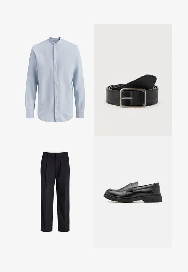 Chemise pour homme à manches longues bleu clair avec col mandarin et boutons blancs sur le devant, présentant une texture subtile.; Pantalon noir à jambes droites avec taille, passants de ceinture, fermeture éclair à l'avant et poches latérales, présenté sur fond blanc.; Mocassin en cuir noir avec une large sangle sur le devant, semelle en caoutchouc à épaisse rainure, et texture lisse. Design classique et élégant.; Ceinture en cuir noir avec une boucle en métal argenté, présentant une texture lisse et un design simple et classique.