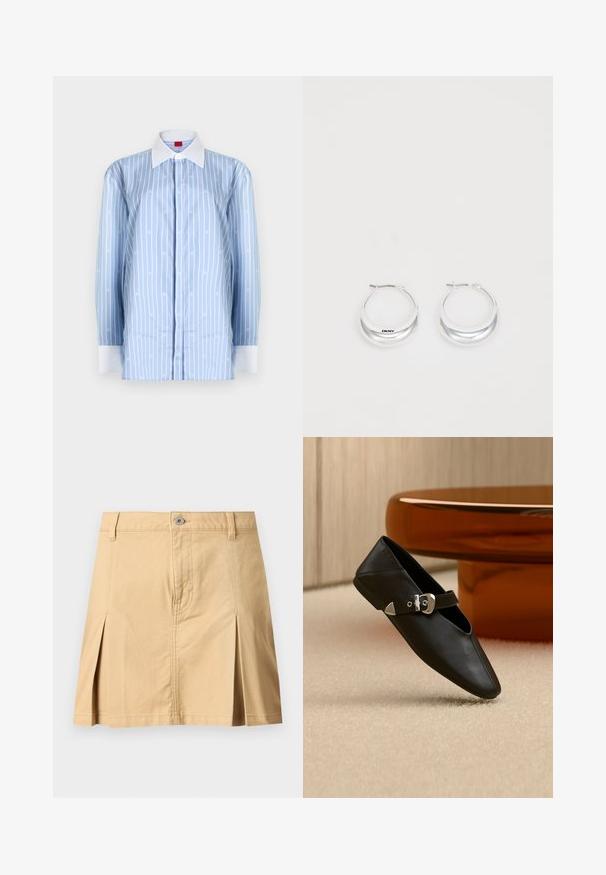 Chemise bleu clair à manches longues avec rayures verticales blanches et motifs de logo subtils. Col classique et accents de poignet blanc.; Jupe beige longueur genou avec passants de ceinture, fermeture à boutons sur le devant, deux plis avant et coutures visibles sur fond uni.; Chaussure plate en cuir noir avec bout pointu et bride à boucle argentée, posée sur un tapis beige devant une table ronde de couleur ambre.; Boucles d'oreilles en argent avec une finition polie et un branding DKNY, présentées sur un fond blanc uni.
