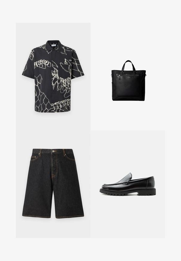 Sort kortærmet skjorte med knapper, hvide abstrakte linjemønstre og en brystlomme på en ensfarvet baggrund.; Sorte denimshorts med lige ben, prydet med orange syninger, fem lommer og en metalknaplukning i linningen.; Sort læderloafer med chunky gummisål, syet overdel og præget mærkenavn på hælen, vist i sideprofil på hvid baggrund.; Sort taske med dobbelte håndtag, stor læderlomme foran med lynlås og diskret Calvin Klein-logo midt på lommen.