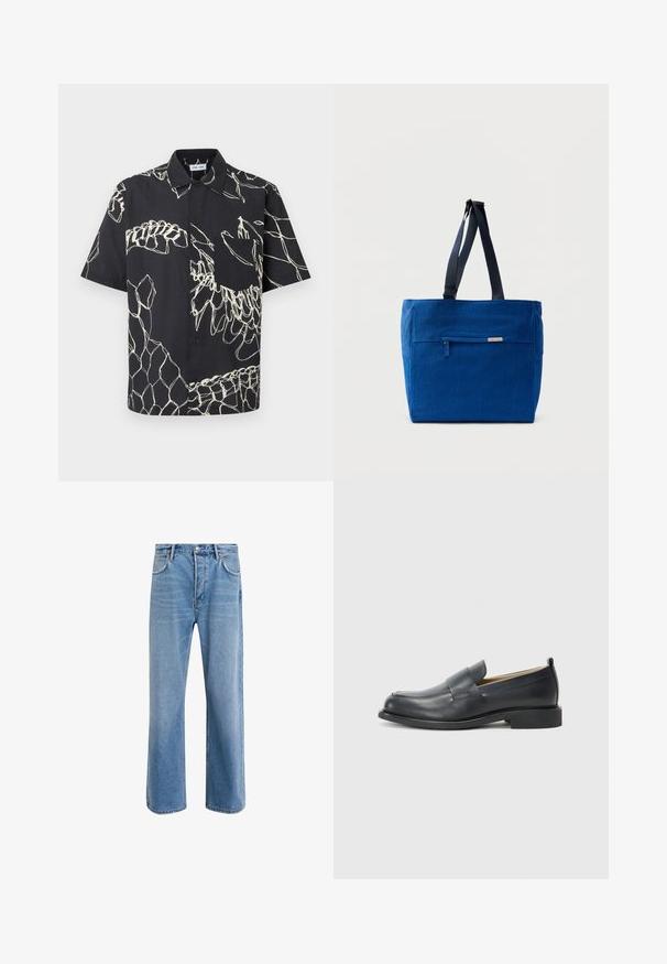 Chemise noire à manches courtes avec des motifs abstraits blancs en lignes et une poche poitrine sur un fond uni.; Jeans en denim bleu clair avec une coupe droite, cinq poches, fermeture à bouton, peu d'usure et des détails de couture contrastés.; Mocassins en cuir noir avec une finition lisse, une semelle plate et un bout arrondi, ornés d'une sangle décorative sur le dessus.; Sac fourre-tout en toile bleue avec une poche zippée à l'avant, des doubles bretelles et une forme rectangulaire. Dispose d'une étiquette de marque discrète.
