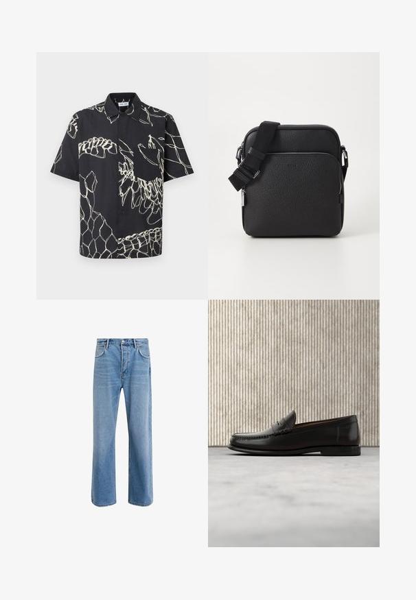Sort kortærmet skjorte med knapper, hvide abstrakte linjemønstre og en brystlomme på en ensfarvet baggrund.; Lyseblå denim jeans med lige ben-design, fem lommer, knaplukning, minimal falming og kontraststingdetaljer.; Sort læder penny loafer med lav hæl, rundet tå og syningsdetaljer langs fronten og siderne, vist på neutral baggrund.; Sorth læder crossover taske med en tekstureret overflade, der har en frontlomme med lynlås, justerbar strop og metal hardware detaljer.