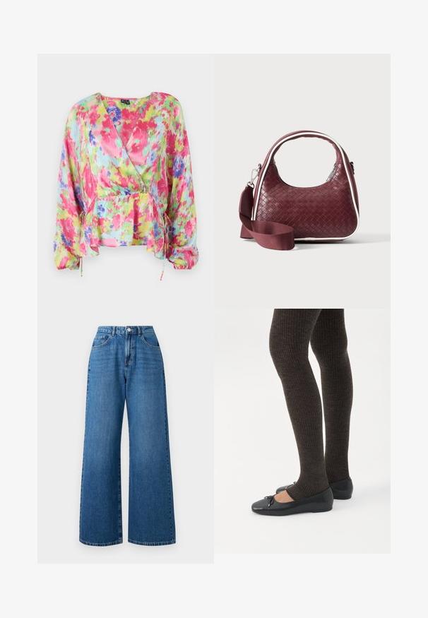 Blouse enveloppante florale colorée en tissu léger et froissé. Présente des motifs roses, jaunes et bleus avec une taille froncée et des manches ballon.; Jean en denim bleu à jambes larges avec une taille haute, présentant un design à cinq poches, une fermeture à bouton à l'avant et un délavage subtil sur le tissu.; Jambes portant des leggings côtelés foncés associés à des ballerines noires avec de petits détails en nœud sur fond blanc.; Sac à main en cuir tressé marron foncé avec poignée courbée, garniture blanche, fermeture éclair argentée et bandoulière large en tissu amovible sur fond uni.
