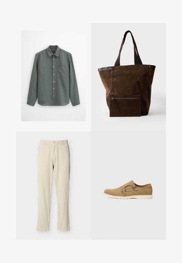 Chemise à manches longues gris foncé avec col et poche poitrine gauche, en tissu texturé.; Pantalon beige à jambes droites avec passants pour ceinture, fermeture par bouton, et poches avant, présenté sur un fond blanc uni.; Chaussure en daim marron avec un bout arrondi, deux sangles décoratives avec des boucles en argent et une semelle légère blanche. Texture lisse sur l'ensemble.; Sac cabas en daim marron foncé avec des poignées noires et une pochette rectangulaire zippée assortie fixée à l'avant.