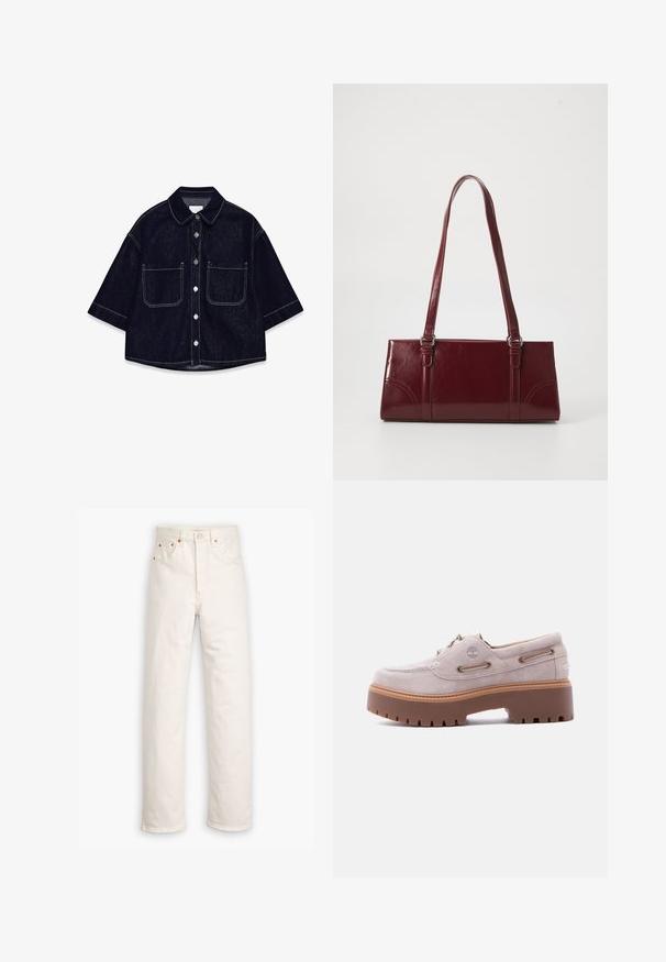 Donkerdenim overhemd met korte mouwen, twee voorzakken met flappen, witte stiksels en een afgeronde kraag.; Witte denim jeans met een recht gesneden ontwerp, vijf zakken en koperen hardware accenten. Afgeronde zoom aan de enkels.; Lichtroze suède boot schoen met een stevige bruine rubberen zool, voorzien van metalen oogjes en witte stiksels. Timberland-logo gegraveerd aan de zijkant.; Bourgondische handtas van glanzend materiaal, rechthoekige vorm, met twee schouderbanden en subtiele gebogen accenten aan de voorkant.