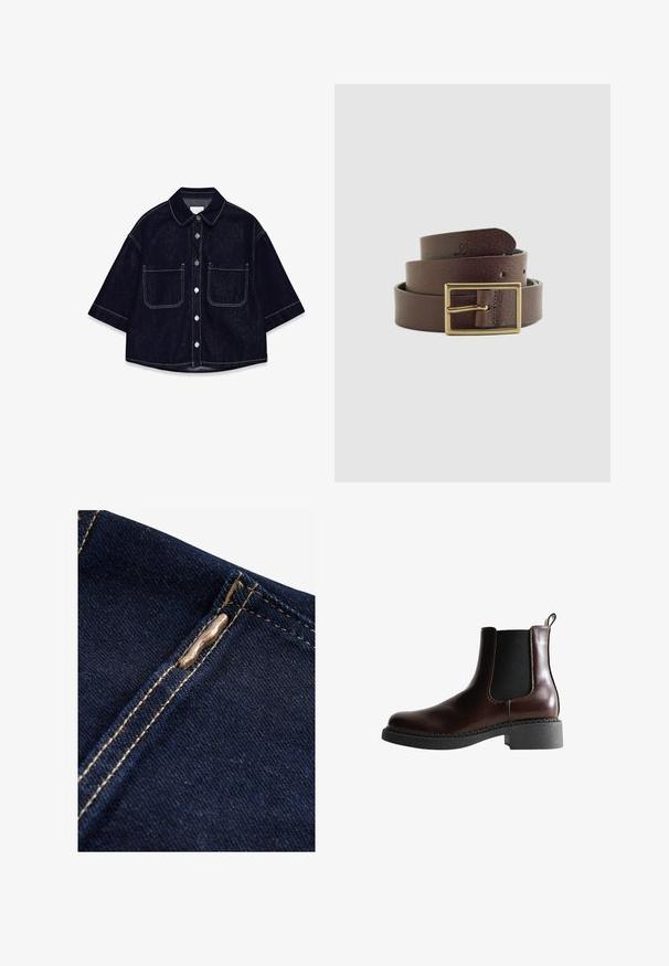 Donkerdenim overhemd met korte mouwen, twee voorzakken met flappen, witte stiksels en een afgeronde kraag.; Next REGULAR FIT - WIDE LEG - Flared Jeans - rinse blue; Bruine leren enkelboot met elastische zijpanelen, ronde neus en een gestructureerde zwarte rubberen zool. Heeft contrasterende stiksels en een lusje aan de achterkant.; Opgerolde donkerbruine leren riem met een rechthoekige messing gesp en het gegraveerde "Levi's" logo op de punt van de riem.