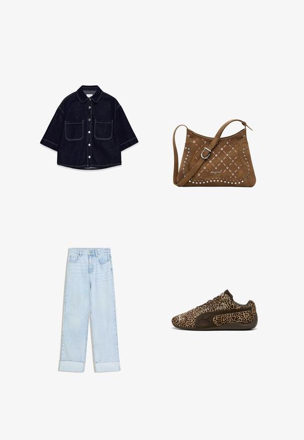 Donkerdenim overhemd met korte mouwen, twee voorzakken met flappen, witte stiksels en een afgeronde kraag.; Lichtblauwe spijkerbroek met een hoge taille, rechte wijdere pijpen, omgeslagen zoom en twee voorzakken. De stof heeft een licht verweerde uitstraling.; Leopardprint sneakers met bruine suède accenten, lage profiel, vetersluiting, textuur bovenkant en rubberen zool. PUMA-logo weergegeven.; Desigual MEDIUM CUT-OUT - Handtas - brown