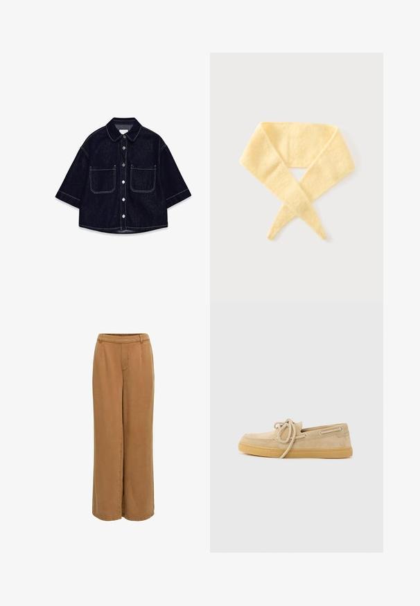 Chemise en denim foncé à manches courtes, avec deux poches plaquées à l'avant, des coutures blanches et un col arrondi.; Pantalon large marron avec taille élastique et poches latérales, fabriqué dans un tissu doux et léger.; Chaussure beige en daim de style mocassin avec lacets à l'avant et semelle en caoutchouc, vue de profil sur un fond clair uni.; Écharpe tricotée jaune pâle douce avec des extrémités pointues, croisée sur un fond uni gris clair.