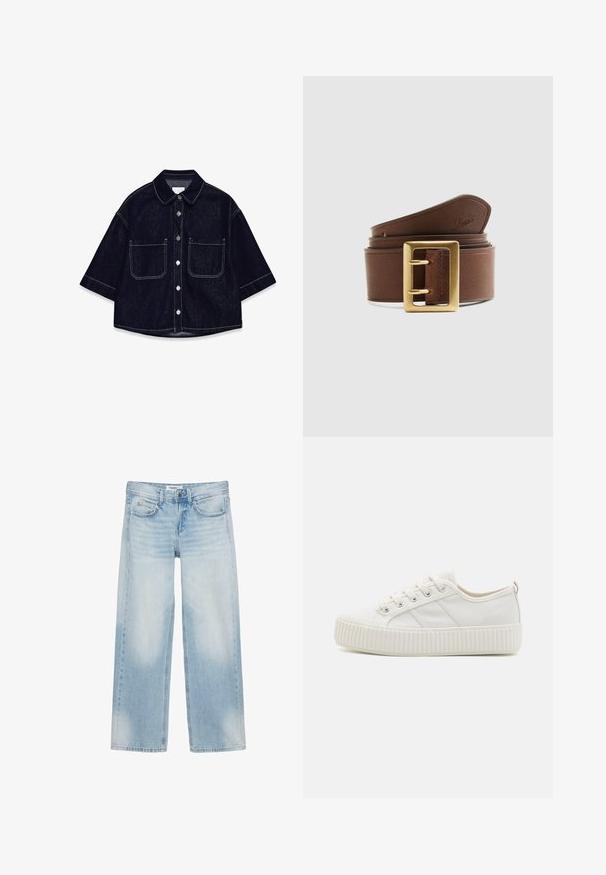 Donkerdenim overhemd met korte mouwen, twee voorzakken met flappen, witte stiksels en een afgeronde kraag.; Lichtblauwe wijde jeans met vijf zakken, riemlussen, knoopsluiting en subtiele vervaging op de voorkant van de dijen en knieën.; Witte canvas sneakers met een gestructureerde rubberen zool, ronde neus en vetersluiting met drie zijstrepen.; Bruine leren riem opgerold met een rechthoekige gouden gesp en het Levi's-logo gegraveerd op het uiteinde tegen een effen achtergrond.