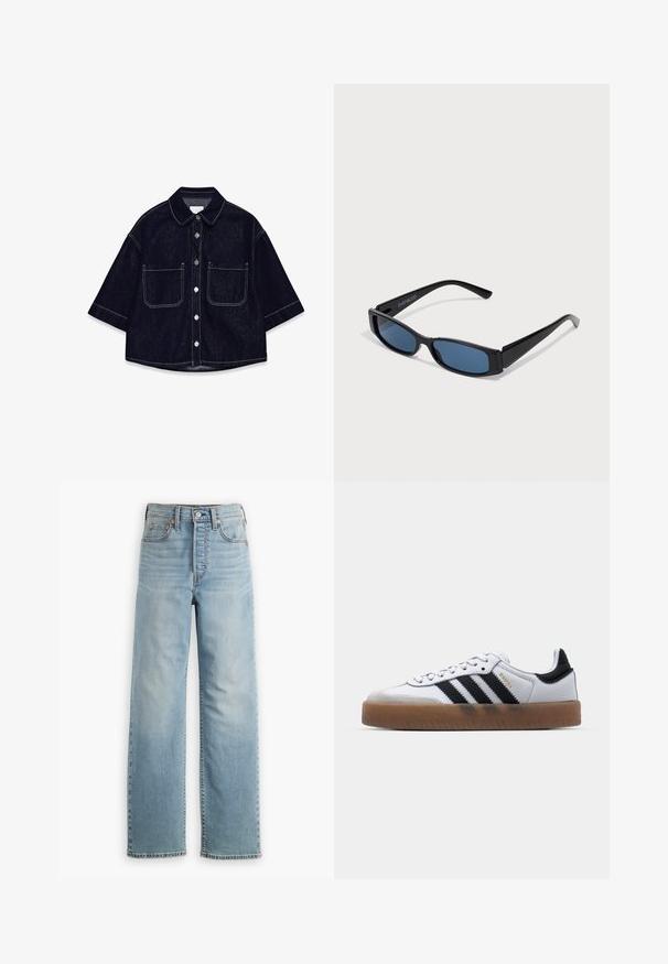 Donkerdenim overhemd met korte mouwen, twee voorzakken met flappen, witte stiksels en een afgeronde kraag.; Lichtblauwe spijkerbroek met een hoge taille, rechte pijpvorm, vijfzakkenstijl en zichtbare stikseldetails.; Witte leren sneakers met zwarte strepen, gumrubberen buitenzool, ronde neus, vetersluiting en een zachte grijze suède neuskap.; Zwarte zonnebril met een slank rechthoekig frame en blauwe lenzen. Heeft een gladde textuur en stevige pootjes. Merklogo aan de zijkant.