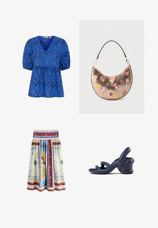 Blaue Bluse mit floralem Muster, V-Ausschnitt, kurzen Puffärmeln und tailliertem Design. Hergestellt aus einem weichen Stoff mit glatter Textur.; Rock mit nautischem Kartenmuster, einschließlich Kompassrosen, Ankern, Wellen, Sonnenmotiven und dekorativen Rändern in Creme, Blau, Rot, Gelb und Rosa.; Dunkelblaue High-Heel-Sandale aus glattem synthetischen Material; verfügt über gebogene Riemen und ein einzigartiges skulptiertes Absatzdesign.; Halbmondförmige Handtasche mit schwarzem Träger, bedeckt mit mehrfarbigen Pailletten und verziert mit einer goldenen Guess-Logo-Plakette.