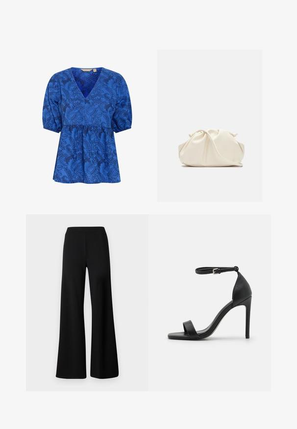 Blaue Bluse mit floralem Muster, V-Ausschnitt, kurzen Puffärmeln und tailliertem Design. Hergestellt aus einem weichen Stoff mit glatter Textur.; Schwarze weite Hosen aus weichem, elastischem Stoff. Mit einem glatten, elastischen Bund und einem schlichten, unbeschwerten Design.; Schwarze hochhackige Sandale mit elegantem Design, featuring einem Knöchelriemen, offener Zehenpartie und glattem Lederfinish.; Weiche, cremefarbene Leder-Clutch mit gerafftem Design und einem dünnen Schulterriemen, der vorne auf einem schlichten Hintergrund liegt.