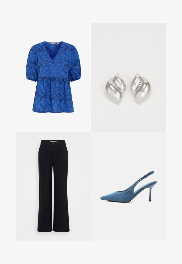 Blaue Bluse mit floralem Muster, V-Ausschnitt, kurzen Puffärmeln und tailliertem Design. Hergestellt aus einem weichen Stoff mit glatter Textur.; Schwarze weit geschnittene Hose aus glattem Stoff, mit einem vorderen Knopfverschluss, Gürtelschlaufen und dezenten Nähten für ein sauberes Design.; Blauer Denim-Pumps mit spitz zulaufender Vorderkappe, silbernen Ösendetails und verstellbarem Schnallenriemen.; Silberne Ohrringe mit einer organischen, abstrakten Form. Glatte, glänzende Oberfläche mit einem konischen Design. Mit dezenten Kurven und einem zentralen Linienelement.
