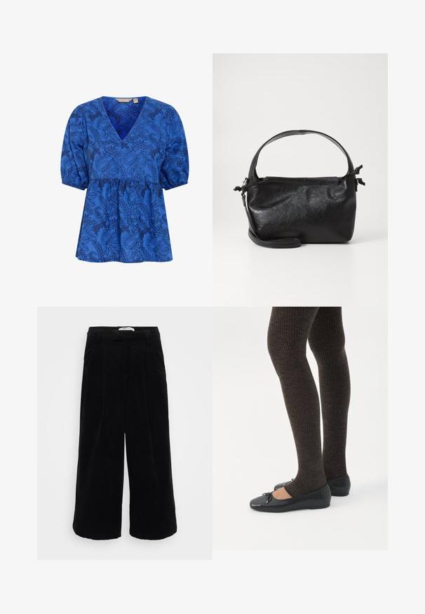 Blå blomstret bluse med v-hals, korte puffærmer og indsnævret talje. Fremstillet af blødt stof med en glat overflade.; Sorte corduroy culotter med bred bendesign, der har en tekstureret overflade og en høj elastisk talje. Skræddersyede plissee-detaljer.; Ben iført mørke ribbede leggings kombineret med sorte balletsko med små sløjfedetaljer på hvid baggrund.; Sort læderhåndtaske med et struktureret design, rund tophåndtag og aftagelig skulderrem. Den har en glat tekstur og en subtil glans.