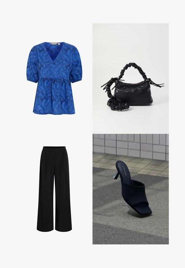 Blauwe blouse met bloemenpatroon, voorzien van een v-hals, korte puffmouwen en een gerimpelde taille. Gemaakt van zachte stof met een gladde textuur.; Zwarte broek met wijde pijpen, hoge taille en voorplooien, ontworpen voor een losse, vloeiende pasvorm.; Zwarte open teen mule met blokhak en vierkante neus, met merk "EVEN&ODD," geplaatst op grijze stoep vlakbij een betegelde muur.; Zwarte nepleer handtas met een krokodillenstructuur, opgedroogde bovenkant en een gekreukte hengsel. Het lijkt zacht en compact van ontwerp.