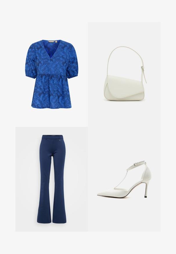 Blauwe blouse met bloemenpatroon, voorzien van een v-hals, korte puffmouwen en een gerimpelde taille. Gemaakt van zachte stof met een gladde textuur.; ONLY Tall ONLPEACH LIFE FLARED - Broek - naval academy; Witte pumps met spitse neus en dunne enkelriem met gesp, gladde afwerking en slanke stiletto hak op een effen achtergrond.; Witte nepleren handtas met een gestructureerde driehoekige vorm, een enkele verstelbare schouderriem en een klep met ronde accenten.