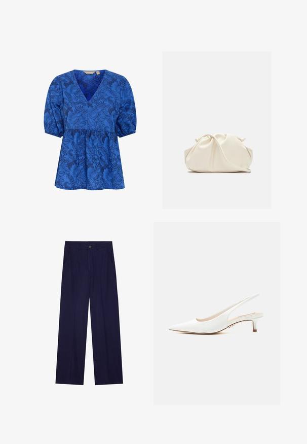 Blaue Bluse mit floralem Muster, V-Ausschnitt, kurzen Puffärmeln und tailliertem Design. Hergestellt aus einem weichen Stoff mit glatter Textur.; Marineblauwe weit geschnittene Hose aus weichem Material mit einem einzigen Knopfverschluss und zwei Fronttaschen. Glatte Textur ohne Muster.; Weißer Lederslingback-Schuh mit spitzer Schuhspitze und niedrigem Kittenabsatz auf schlichtem hellem Hintergrund.; Weiche, cremefarbene Leder-Clutch mit gerafftem Design und einem dünnen Schulterriemen, der vorne auf einem schlichten Hintergrund liegt.