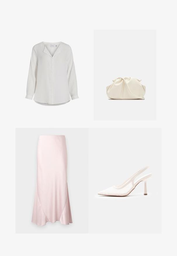 Witte blouse met lange mouwen van zachte stof, met een opstaande kraag, een voorflap en een afgeronde zoom.; Lichtroze satijnen midi-rok met een A-lijn silhouet en subtiele diagonale naaddetails op een effen achtergrond.; Witte slingback met spitse neus, hoge hak, bovenwerk van kanten mesh en een slanke hak op een effen lichtgrijze achtergrond.; Zachte, crèmekleurige leren clutch met geplooid, gerimpeld ontwerp en een dunne schouderriem die vooraan op een effen achtergrond ligt.