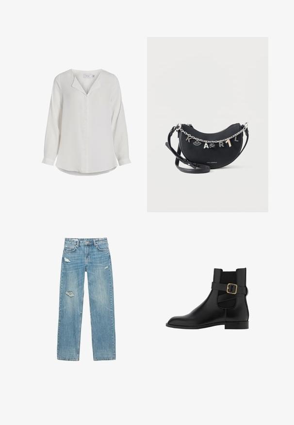 Witte blouse met lange mouwen van zachte stof, met een opstaande kraag, een voorflap en een afgeronde zoom.; Lichtblauwe, rechte spijkerbroek van denim. Heeft rafelige scheuren aan de voorkant, een vervaagde textuur en vijf zakken met metalen hardware.; Zwartleren enkelboot met een ronde neus, een zij-elfenpaneel en een decoratieve gesp op de band. Platte zool met subtiele stiksels.; Zwarte halvemaan crossbody tas met zilveren ketting met "KARL" bedeltjes en verstelbare leren band op witte achtergrond.