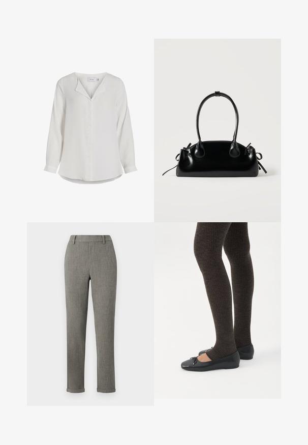 Blusa blanca de manga larga hecha de tela suave, con un collar con muesca, una tapeta frontal y un dobladillo curvado.; Pantalones ajustados gris tailored con trabillas para cinturón y bajos remangados, adecuados para ropa formal o de oficina.; Piernas con leggings oscuros acanalados combinados con bailarinas negras que presentan pequeños detalles de lazo sobre un fondo blanco.; Pequeño bolso negro brillante con dos asas largas y detalles de cordón lateral sobre un fondo claro liso.