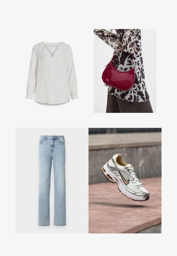 Blusa blanca de manga larga hecha de tela suave, con un collar con muesca, una tapeta frontal y un dobladillo curvado.; Jean de mezclilla azul claro con corte recto, diseño clásico de cinco bolsillos y cierre de botón y cremallera en la cintura.; Zapatilla de correr Nike blanca y plateada con el logo Swoosh beige, mostrada en el aire sobre una superficie de piedra con un fondo difuminado de pared gris.; Mujer con blusa de estampado en blanco y negro sosteniendo un bolso de hombro rojo brillante sobre un fondo liso.