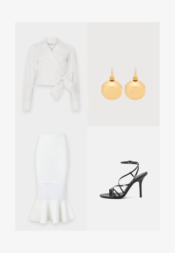 Blouse blanche à manches longues, col et détail de nœud à l'avant. Fabriquée en tissu lisse avec un design légèrement structuré.; Jupe midi blanche en tissu côtelé, dotée d'un panneau en maille au niveau de l'ourlet avec un bas évasé. Texture lisse avec découpes circulaires.; Sandale noire à talons hauts avec des brides fines, une boucle à la cheville, une surface en cuir lisse et un talon aiguille élancé.; Paire de boucles d'oreilles boule de Noël dorées brillantes avec fermoirs à crochet sur fond blanc uni.