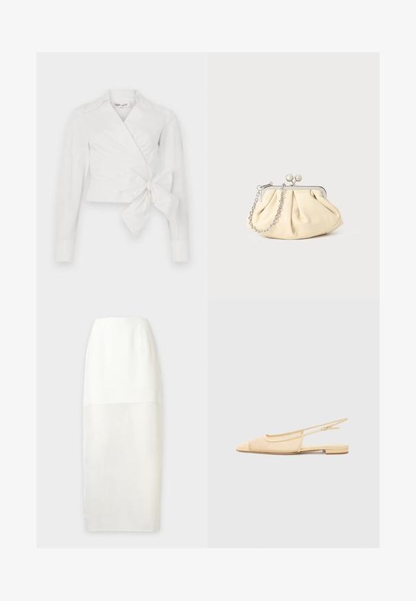 Blouse blanche à manches longues, col et détail de nœud à l'avant. Fabriquée en tissu lisse avec un design légèrement structuré.; Jupe blanche taille haute avec une moitié supérieure ajustée et une moitié inférieure droite semi-transparente sur un fond uni.; Chaussure plate slingback en beige clair avec une tige en maille, un bout pointu et un petit talon. Dotée d'une sangle ajustable pour un bon maintien.; Pochette en cuir beige plissé avec un cadre en métal argenté, dotée de deux fermoirs ronds décoratifs et d'une chaîne en argent.