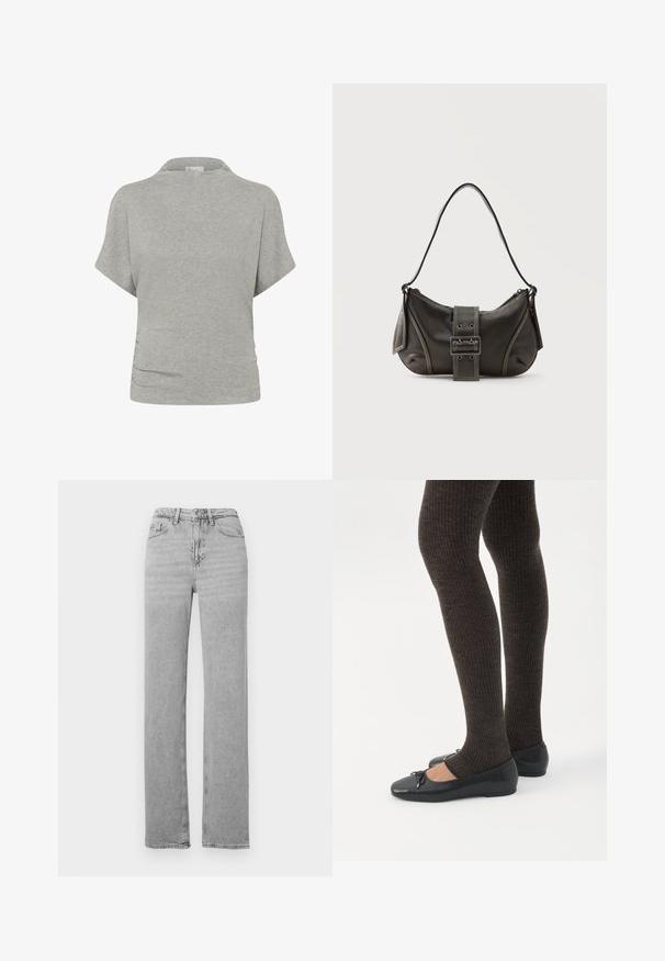 Haut à manches courtes gris clair avec un col montant et un détail subtil froncé sur le côté gauche près de la taille.; Jean denim gris clair à jambes droites avec bouton et fermeture éclair à l'avant, passants de ceinture et design cinq poches.; Jambes portant des leggings côtelés foncés associés à des ballerines noires avec de petits détails en nœud sur fond blanc.; Sac à épaule en cuir noir avec une sangle à boucle, des bords arrondis et des coutures blanches contrastées sur un fond uni.