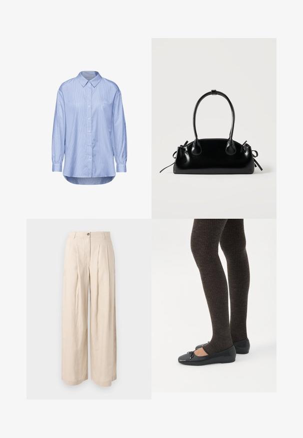 Chemise bleu clair à boutons avec un motif à rayures verticales, manches longues avec poignets boutonnés, et un col classique.; Pantalon beige taille haute à jambes larges avec des plis à l'avant, passants pour ceinture et fermeture par bouton.; Jambes portant des leggings côtelés foncés associés à des ballerines noires avec de petits détails en nœud sur fond blanc.; Petit sac à main noir brillant avec deux longues anses et des détails à cordon sur les côtés sur un fond clair uni.