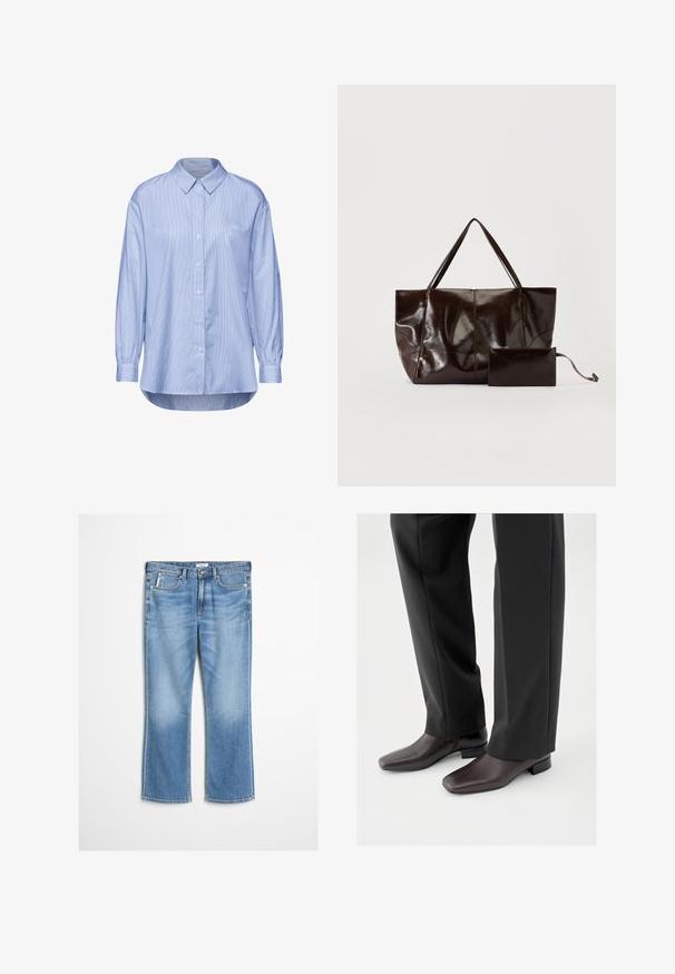 Lys blå skjorte med knapper og lodret stribemønster, lange ærmer med knapmanchetter og en klassisk krave.; Lyseblå denimjeans med lige ben, der har fem lommer, knappelukning og diskret falmning for et afslappet look.; Mørkebrune lædersko med firkantet tå og kort blokhæl, båret med sorte skræddersyede bukser, der viser et slankt og poleret udseende.; Skinnende mørkebrun stor lædertaske med to skulderstropper og en matchende lille lynlåspung med håndledsrem.
