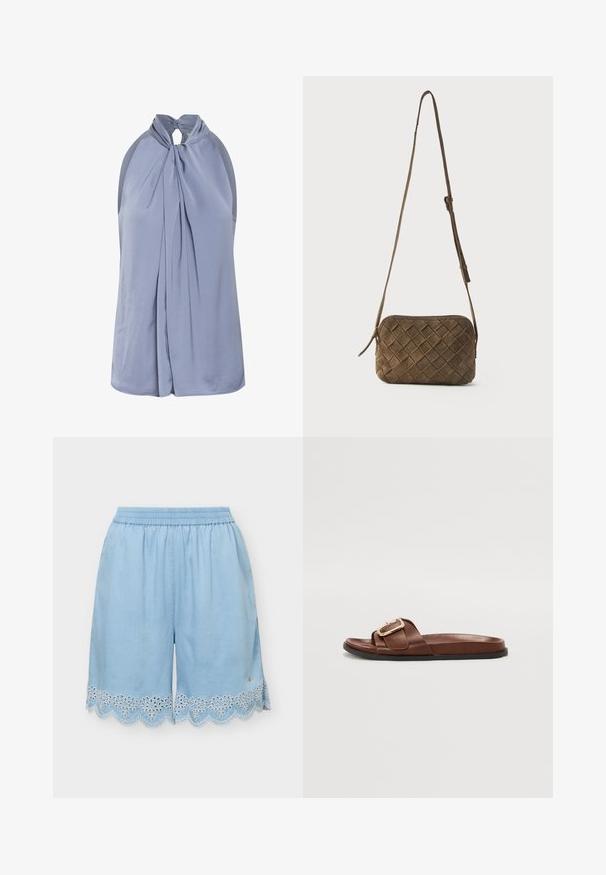 Lys blå halterneck-top lavet af glat stof, med plisseringer foran og en knaplukning bagpå. Udenærmet design.; Lyseblå dame-shorts med elastisk taljebånd og bølget kant med hvid blomsterbroderi langs kanten.; Brune læder slid sandal med en bred rem og et guld spænde som accent, flad sål og glat overflade.; Brun ruskinds crossbody taske med vævet diamantmønster og en justerbar lang rem mod en ensfarvet baggrund.