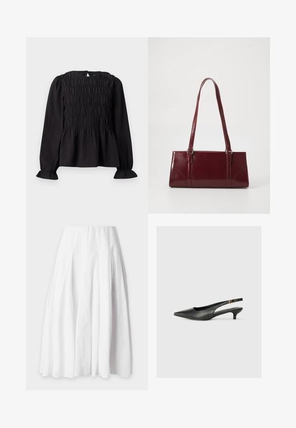 Must hõlmadega blouse mustas värvuses, smock-kattemustriga, ümmargune kaelus ja lainelised varrukad. Omab avatud seljaaukude ja volangiga vöökoha disaini.; Valge, põlveni ulatuv A-lõikelise lõikega seelik vertikaalsete õmblustega ja siledalt viimistletud vöökohaga.; Must musta säärega king, mis on valmistatud siledast nahast. Omab peenikest kontsa ja reguleeritaval rihmal on pandla detail.; Burgundia värvi käekott, mis on valmistatud läikivast materjalist, ristküliku kujuline, kahe õlapaelaga ning ees on peened kaarjad aktsendid.