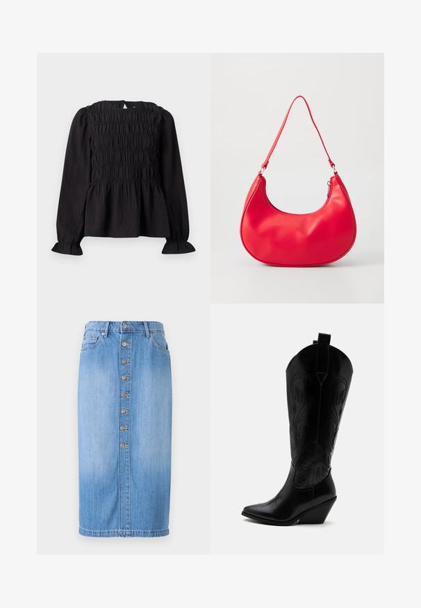 Blouse noire à manches longues avec texture froncée, encolure ronde et manches évasées. Dispose d'une ouverture en goutte d'eau dans le dos et d'une taille froncée.; Jupe midi en denim bleu avec une coupe droite, dotée d'une fermeture à boutons sur le devant, de cinq poches et d'un délavage pour une texture.; Botte de cowboy en cuir noir avec bout pointu, talon bloc incliné, couture décorative et languettes en haut sur fond blanc.; Sac à épaule en simili cuir rouge au design courbé, avec une bandoulière fine et une fermeture éclair. Texture lisse avec des détails de couture visibles.