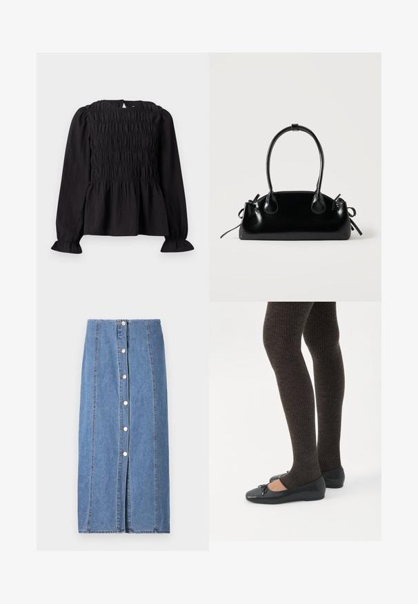 Blouse noire à manches longues avec texture froncée, encolure ronde et manches évasées. Dispose d'une ouverture en goutte d'eau dans le dos et d'une taille froncée.; Jupe en denim de couleur bleu clair avec une silhouette droite. Présente une fermeture à boutons à l'avant, des coutures verticales et un ourlet brut au bas.; Jambes portant des leggings côtelés foncés associés à des ballerines noires avec de petits détails en nœud sur fond blanc.; Petit sac à main noir brillant avec deux longues anses et des détails à cordon sur les côtés sur un fond clair uni.