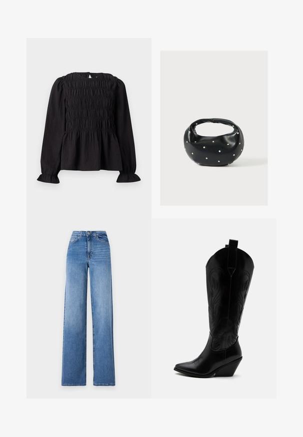 Must hõlmadega blouse mustas värvuses, smock-kattemustriga, ümmargune kaelus ja lainelised varrukad. Omab avatud seljaaukude ja volangiga vöökoha disaini.; Heledad sinised laiad püksid, mis on valmistatud denimist, kõrge vöökohaga, esi-taskute ja tavapärase nupuga sulgemisega. Sile tekstuur.; Mustast nahast kauboi saabas terava varbaosaga, kaldus kand, dekoratiivse õmblusega ning nööpidega üleval valge tausta peal.; Mustast nahast ümmarguse kujuga käekott, kaunistatud hõbedaste naeladega, lühikese sangaga. Sile tekstuur ja tõmblukuga sulgemine.