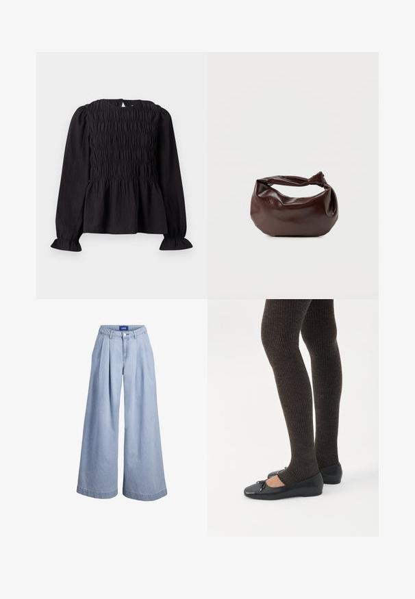 Schwarzbluse mit langen Ärmeln und geschmücktem Textur, runder Halsauschnitt und ausgestellten Manschetten. Mit einer Schlüssel-Loch-Rückenöffnung und gerafftem Taillendesign.; Hellblaue Jeanshose mit weitem Bein, vorderen Falten, Knopfverschluss und JJXX-Label am inneren Bund.; Beine in dunklen, gerippten Leggings kombiniert mit schwarzen Ballerinas mit kleinen Schleifendetails auf weißem Hintergrund.; Dunkelbraune Lederschultertasche mit weicher, lockerer Form und einem gedrehten Knotengriff vor schlichtem weißem Hintergrund.