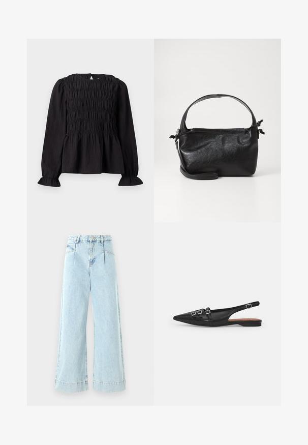 Blouse noire à manches longues avec texture froncée, encolure ronde et manches évasées. Dispose d'une ouverture en goutte d'eau dans le dos et d'une taille froncée.; Jeans larges en denim bleu clair, avec une taille haute, des poches avant et des accents cousus à l'ourlet.; Chaussure plate noire en cuir avec un bout pointu, dotée de deux lanières horizontales et de boucles carrées en argent, avec un faible talon et une texture lisse.; Sac à main en cuir noir au design structuré, avec une poignée arrondie et une bandoulière amovible. Présente une texture lisse et un éclat subtil.