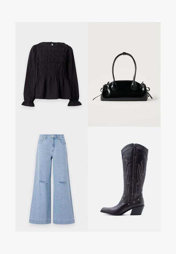 Must hõlmadega blouse mustas värvuses, smock-kattemustriga, ümmargune kaelus ja lainelised varrukad. Omab avatud seljaaukude ja volangiga vöökoha disaini.; Heledad sinine kõrge vöökohaga laialdased teksad, millel on kaks esikotti ja kaks rebenenud põlve detaili, valmistatud denimist. ; Mustad nahast kauboisaapad terava ninaga, nähtavate õmblustega, hõbedaste naelakujuliste aksessuaaridega ja siseküljel lukuga.; Väike must läikiv käekott kahe pika sangaga ja külgedel paelakinnitustega, ühel lihtsal helel taustal.